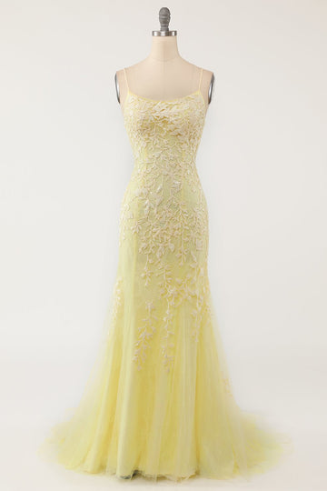 Vestido de baile longo da sereia amarela com apliques